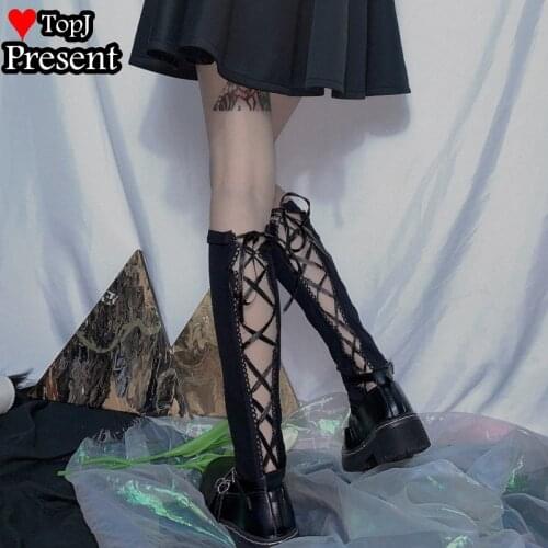 Gothic Punk lace up Bow Black Thin Knee High Socks Women Lolita Cosplay Harajuku Streetwear