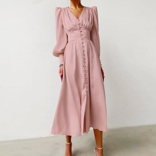 Beige Single Breasted Sexy Dress Party Clud High Waist Satin Long Dress Elegant V Neck Women Midi Dresses Lantern Sleeve