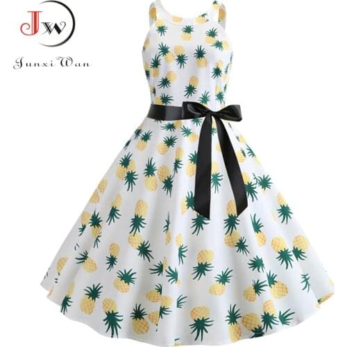 Pineapple Print Vintage Dress 2021 Casual Floral Women Summer Elegant Party Dresses Robe 50S 60S Rockabilly Swing Pinup Vestidos