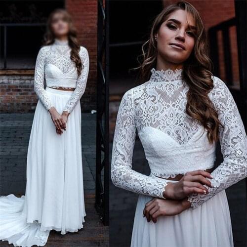 2021 Modern Classic White Two Pieces Lace Bridal Wedding Dresses Long Sleeves High Neck Wedding Gowns for Bride Court Train