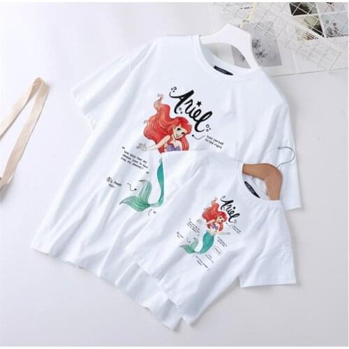 New Fashion Women T Shirts Disney Princess The LIttle Mermaid Printed Girl Tshirs Harajuku Family Matching Clothes Outfits