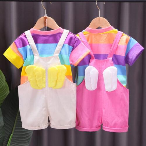 Baby Summer Animal Overalls Children Wing Rainbow Clothes Toddler Girls Lattice Cotton Shirt Bib Pants 2Pcs/sets Infant Kids Out