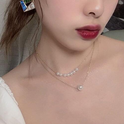Korean Temperament Imitation Pearl Pendant Choker Necklace Women Double Layer Fairy Geometric Clavicle Necklace Jewelry YN1703