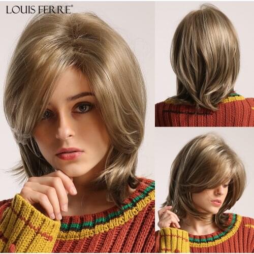 LOUIS FERRE Short Layered Synthetic Wigs for White Women Blonde Hair Wigs with Side Part Bangs Heat Resistant Cosplay Daily Wigs