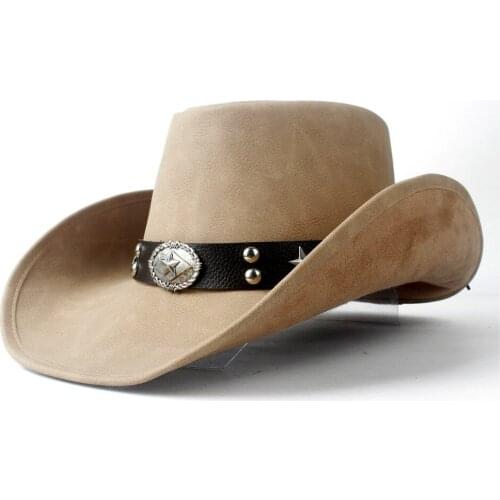 Leather Womem Men Western Cowboy Hat With Wide Brim Punk Belt Cowgirl Jazz Cap With Leather Gentleman Sombrero Cap