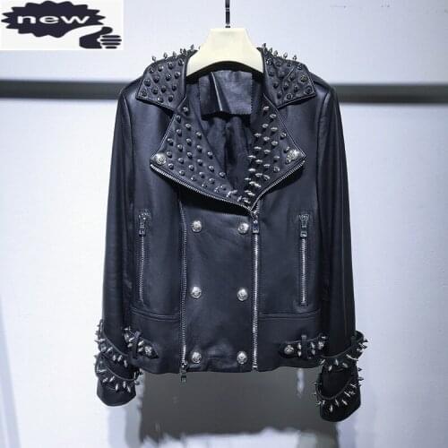 Personality Genuine Leather Jacket Women Zip Rivet Punk Short Jackets Female Real Sheepskin Coat Fashion Motorcycle Outerwear