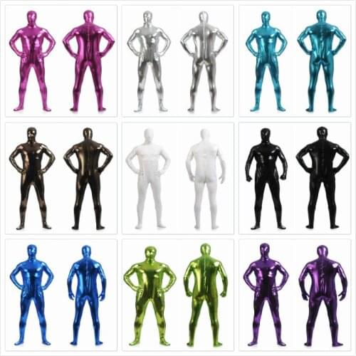 Mens Metallic Shiny Zentai Full Bodysuit Back Zipper Costum Made Tights Suits Mens Full Bodysuit Cosplay Halloween Costumes