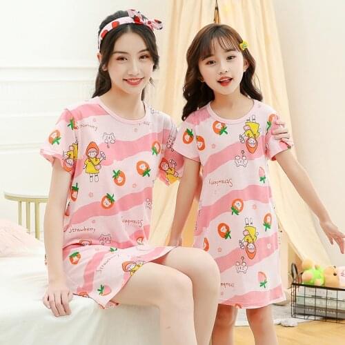 Summer Kids Girls Nightgown Cotton Teenages Nightdress Childrens Sleepwear Cartoon Pajamas For Girl 4 6 8 10 12 14 16Years