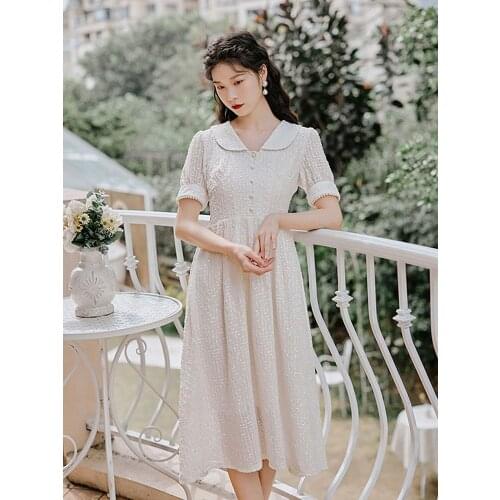 Summer New Womens Clothing Japanese Girl Court Style Temperament Was Thin Baby Face Mid-Length Dress Retro French White Dress