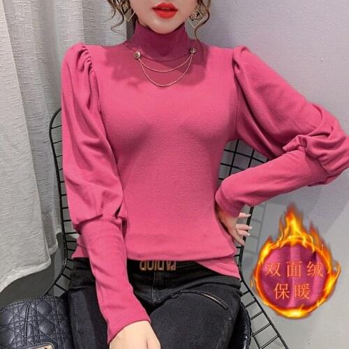 Autumn New Temperament High Collar Bubble Long Sleeve T-shirt Tops Solid Bottomed T-shirt Women Blusas Fashion Streetwear 2020