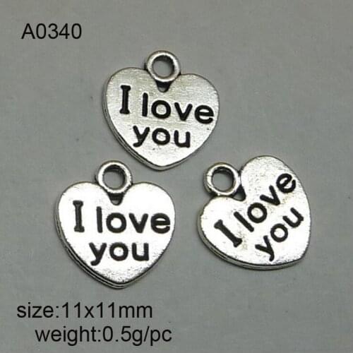 High Quality 150 Pieces/Lot 11mm*11mm Antique Silver Plated Heart Charms Pendant With Letter I Love You