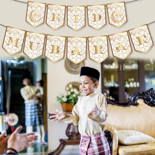 White Gold Luxury Muslim Festivals Theme Party Paper EID MUBARAK Party Hanging Banners Flags Arab Ramadan Party Bunting Banner