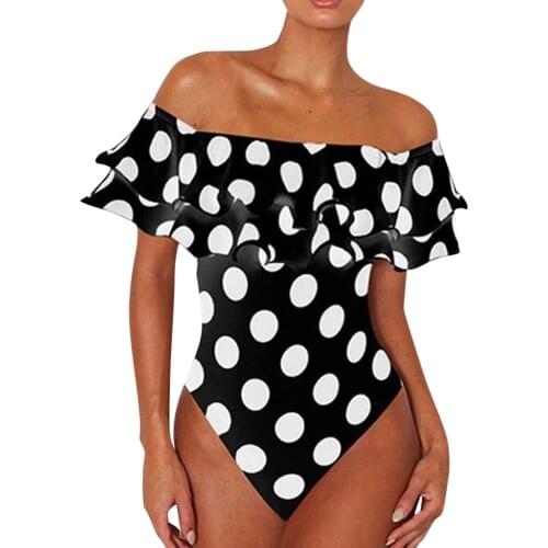 Black and White Polka Dot Ruffled One-Piece Swimsuits Sexy Push Up Bathing Suit Bodysuit Girl Beach Backless Swimwear Monokini