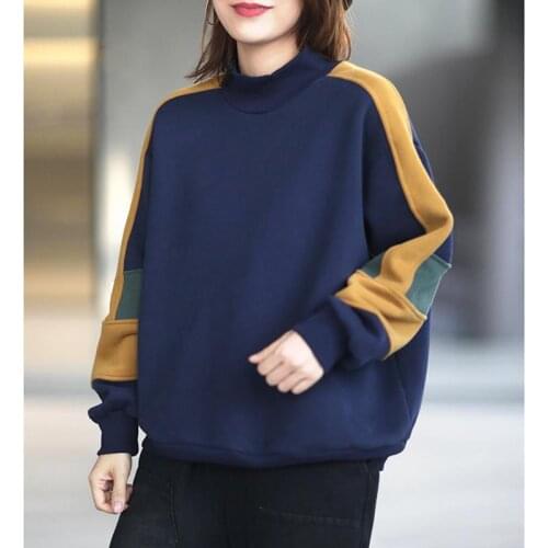 Korean Women Casual Loose Flocking Thicken Warm Long Sleeve Contrast Color Patchwork Sweatshirt Female Chic Trendy Pullover Tops