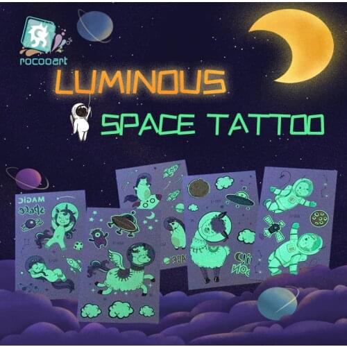 Rocooart Space Man Tattoo For Children Glowing Dark Taty Waterproof Fake Tatoo Luminous Tattoo Stickers Body Art Cartoon Tatto