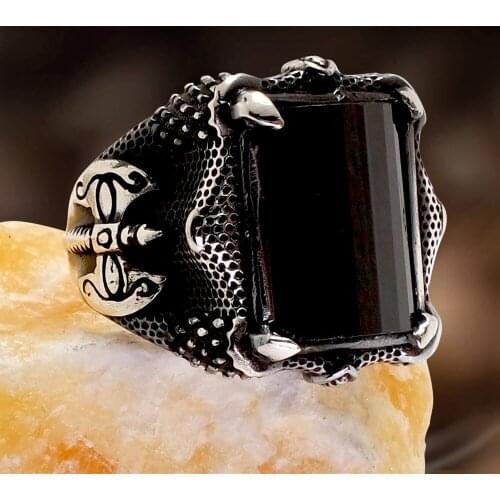 Axe Ring with Black Onyx Stone Ring 925 Sterling Silver Punk Model Handmade Special Gift for Men & Women Made In Turkey