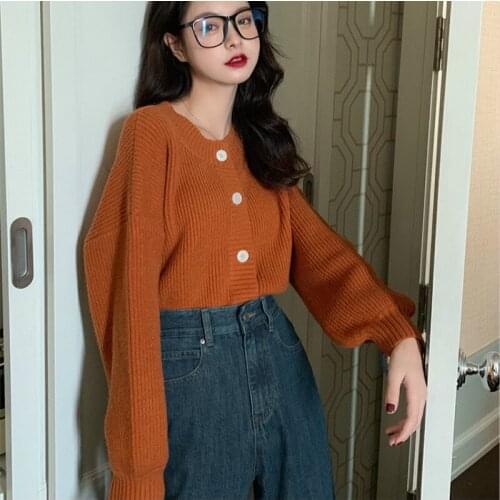 Spring Autumn Purple Cardigan Sweater Womens Coat Solid Color Single Breasted Round Neck Loose Casual Outer Sweaters Women