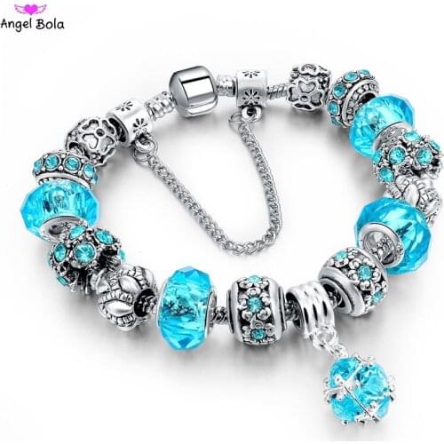 Vintage Silver Color Charms Glass Bracelets For Women Crystal Heart Beads Bracelets & Bangles Pulseras DIY Jewelry
