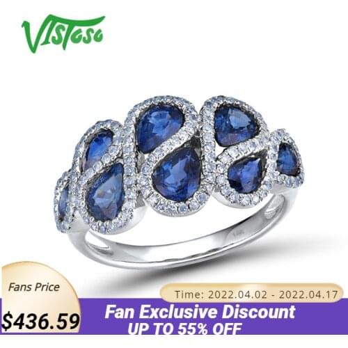 VISTOSO 14K White Gold Rings For Women Genuine Sparkling Diamond Fancy Blue Sapphire Engagement Anniversary Unique Fine Jewelry