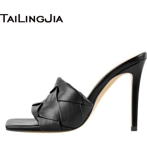 Square toe Women High Heels Mules Sandals Elegant PU Leather Slides 2020 New Arrival Large Size Slippers Party Heels Sandal Shoe