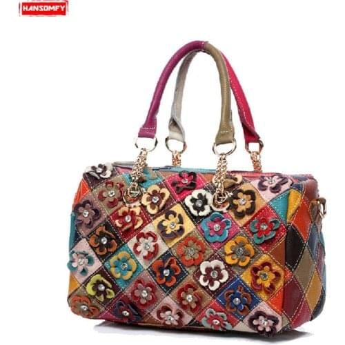 2020 New Genuine Leather Women Handbags Female Personality Fashion Messenger Bag Shoulder Bags Ladies Mosaic Flower Boston Bag