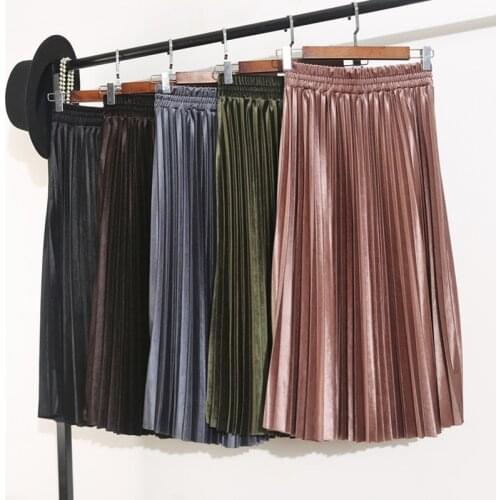 2019 new Gold velvet Long Skirts Women Autumn and Winter High waist Elastic Skirts Casual A-line Skirts Women