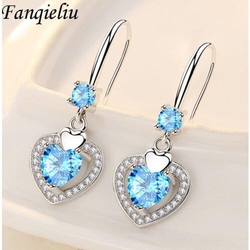 Fanqieliu Solid 925 Sterling Silver Drop Jewelry High Quality Blue Crystal Heart Dangle Earrings For Women FQL21119