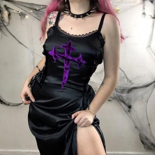 Goth Cross Embroidery Black Dress For Women Harajuku Bandage Vintage Summer Dress Sexy Party Elegant Split A LINE Dress
