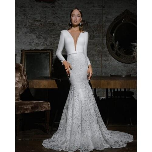 Robe De Soiree De Mariage Long Sleeve Mermaid Wedding Dress Simple Brautkleid Lace Skirt Vestido De Novia Button Back Trouwjurk