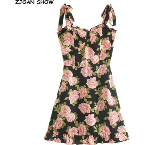 Summer Contrast Color Floral Print Women Dress Ruffles hem Tie Bow Strap Sleeveless Mini Dress Sexy Beach Holiday Vintage