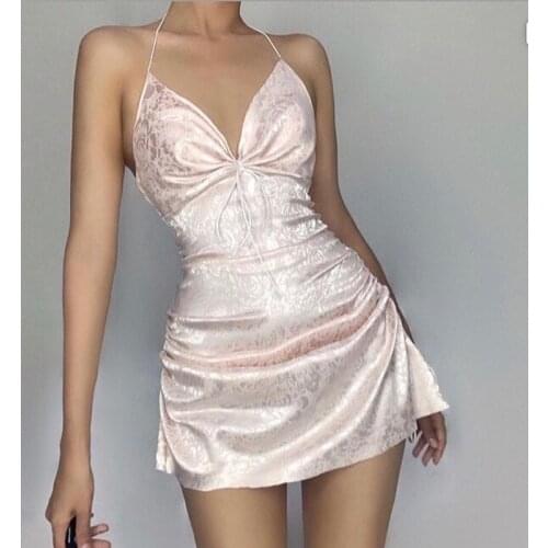 Women Spaghetti Strap Neck-mounted Jacquard Dress Sexy Deep V-neck Bow Sleeveless Shirring Party Clothes Sweet Pink Mini Dress