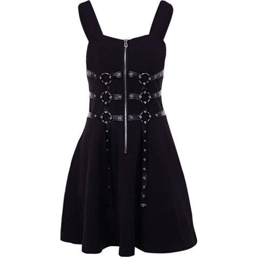 2021 Summer Gothic Womens Dress Eyelet Web Zipper Harajuku Black Mini Dresses Grunge Sleeveless Backless A- Line Sexy Punk Rock