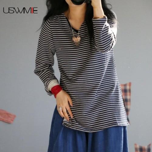 Free Shipping T Shirt Women New Simple Art Knitted Stripe Thick Bottomed Loose V-neck Color Matching Plus Size Tee Shirt Femme