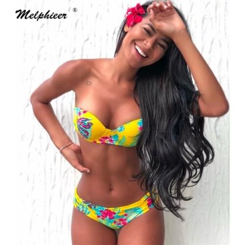 Melphieer Yellow Leaf Print Bikini Bra Push Up Bikinis Set Swimwear Women Swimsuit Female Beachwear 2021 Monokini Bathing Suit