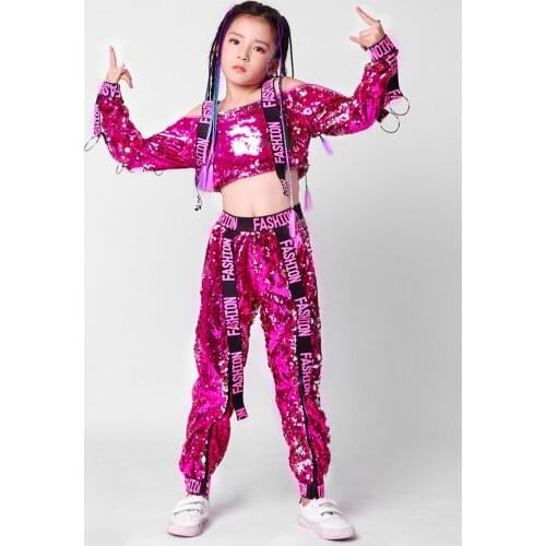 Children Jazz Girl Hip Hop Dance Costumes Children Red Silver Sequin Coat Pants Kids Street Dancing Clothing Ballroom Stage Wear