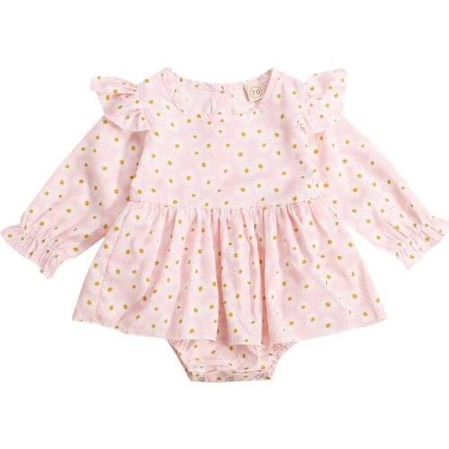 Infant Baby Girls Sweet Style Romper Toddlers Spring Autumn Creative Daisy Printing Fly Long Sleeve Round Collar Button Jumpsuit