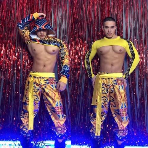 Chinese Style Yellow Hip-Hop Hanfu Dragon Robe Men Rave Clothes Jazz Dance Outfits Bar Nightclub Rave Performance Outfits XS1157