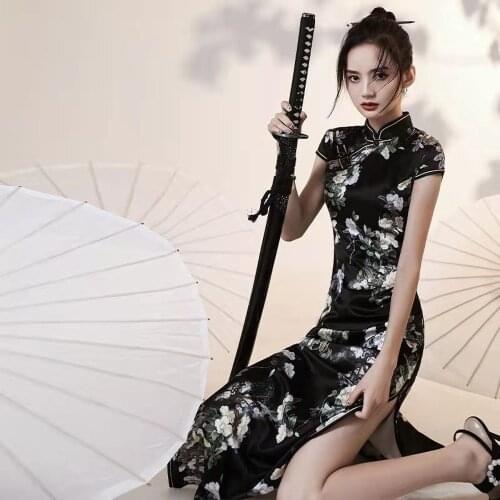 Chinese Traditional Qipao Dress Slim Vintage Cheongsam Oriental Mandarin Collar Evening Party Qipao Summer Elegant Long Dress