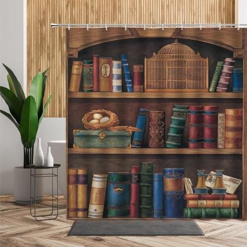 Brown Bookshelf Pattern Shower Curtain Luxury Retro Europe Book Bathroom Decor Window Hanging Fabric 3D Living Room Curtains Set