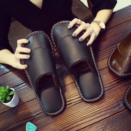 Leather Winter Home Slippers Couples Anti-Slip Waterproof Warm Indoor Slippers Men Women Casual Household Slippers