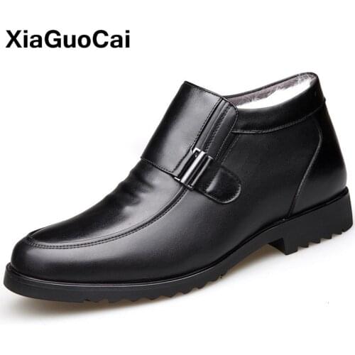 Genuine Leather Men Shoes High Top Winter Man Ankle Boots With Fur Luxury British Business Male Shoe Plush Slip-on Mans Footwear