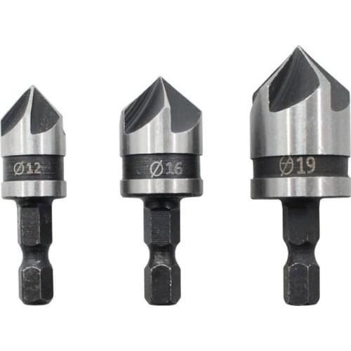 3Pcs/Set 90 Degrees Hex Shank Chamfer Drill Bit Set 12/16/19mm 5 Flute Wood working Drill Bit Cutter Countersink Drill Bit Set