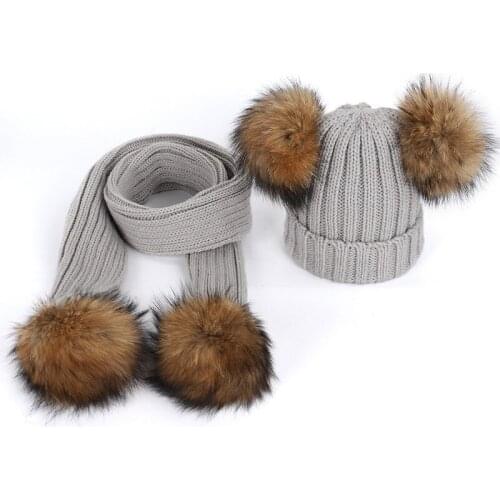 New 2020 Winter Childrens Double Hair Ball Woolen Hat Scarf Set Boys Girls Thickened Raccoon Ball Knitted Ear Cap Two Piece Set