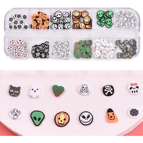 2021 New 12 Grids Halloween Manicure Skull Head Bat Pumpkin Lantern Funny 3D Nail Art Design Phototherapy Nail Decoration