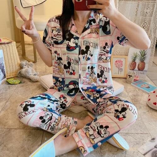 Wholesale Pajamas Womens Short Sleeve Summer Suit Spring Autumn Cartoon Mickey Mouse Loose Sleepwear Clothing Silk For Pyjamas