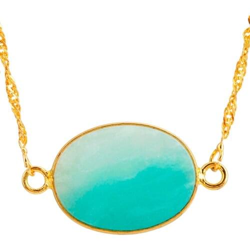 SUNYIK Amazonite Gem Oval Stone Side Ways Connector Pendant,Gold Tone (Free Chain)