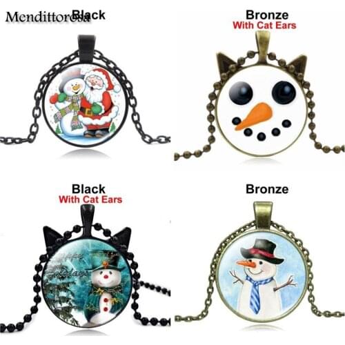 Mendittorosa Silver Necklace Glass Cabochon Pendant Choker Necklace For Women Snowman