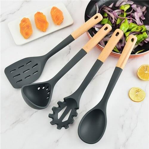 Silicone Kitchenware Environmental Protection Material Solid Wood Handle Kitchen Cooking Tools Frying Spatula Soup Spoon Rice