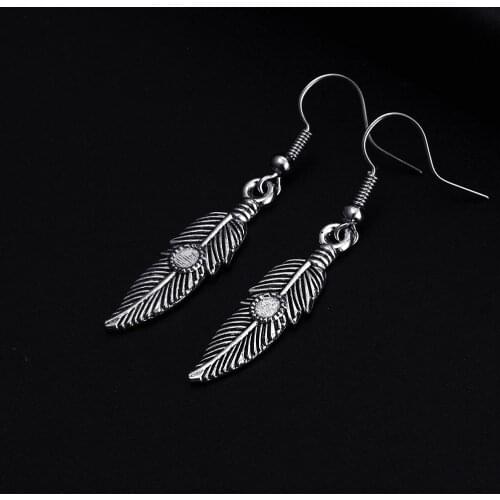 Trendy Feather Shape Dangle Antique Silver Plated Earrings for Women Girl Retro Drop Earrings Cute Earring Jewelry Bijoux