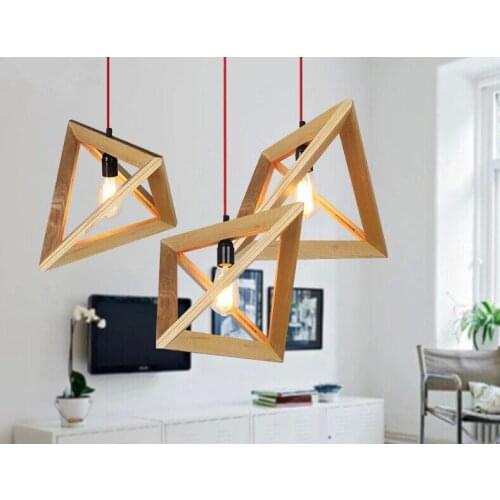 Vintage pendant light Oak Wood Retro lamp 100cm wire E27 socket Hanging triangle Rope light fixture 100-240V luminaire lamparas